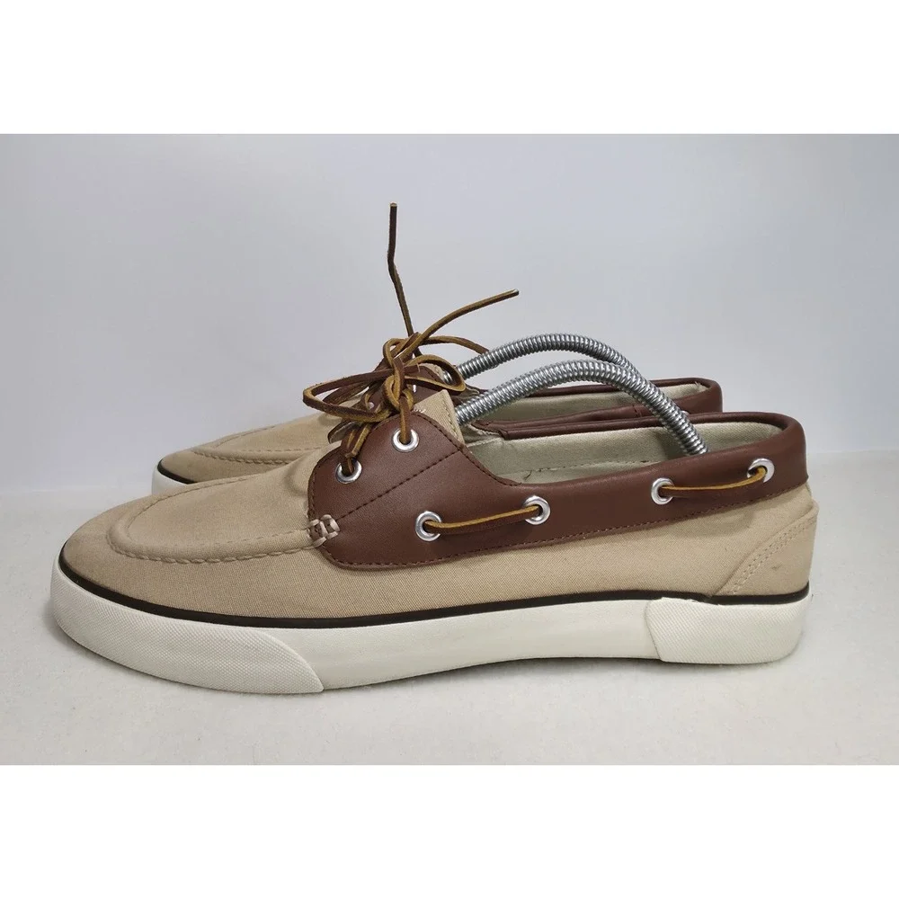 Polo Ralph Lauren Rylander Beige Canvas Brown Leather Boat‎ Shoe 11 D